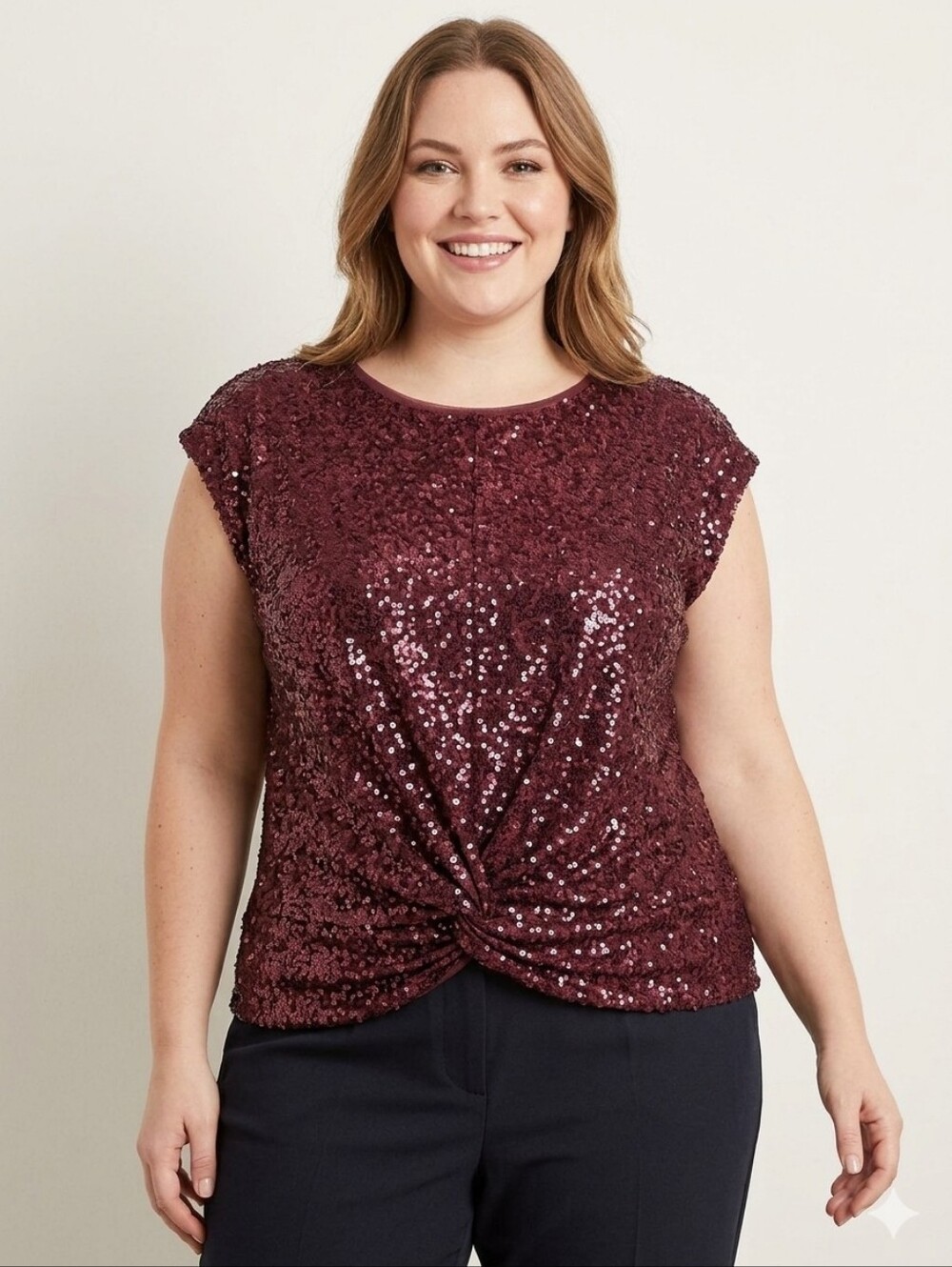 Laura Burgundy Sequin Twist-Front Sleeveless Top XL